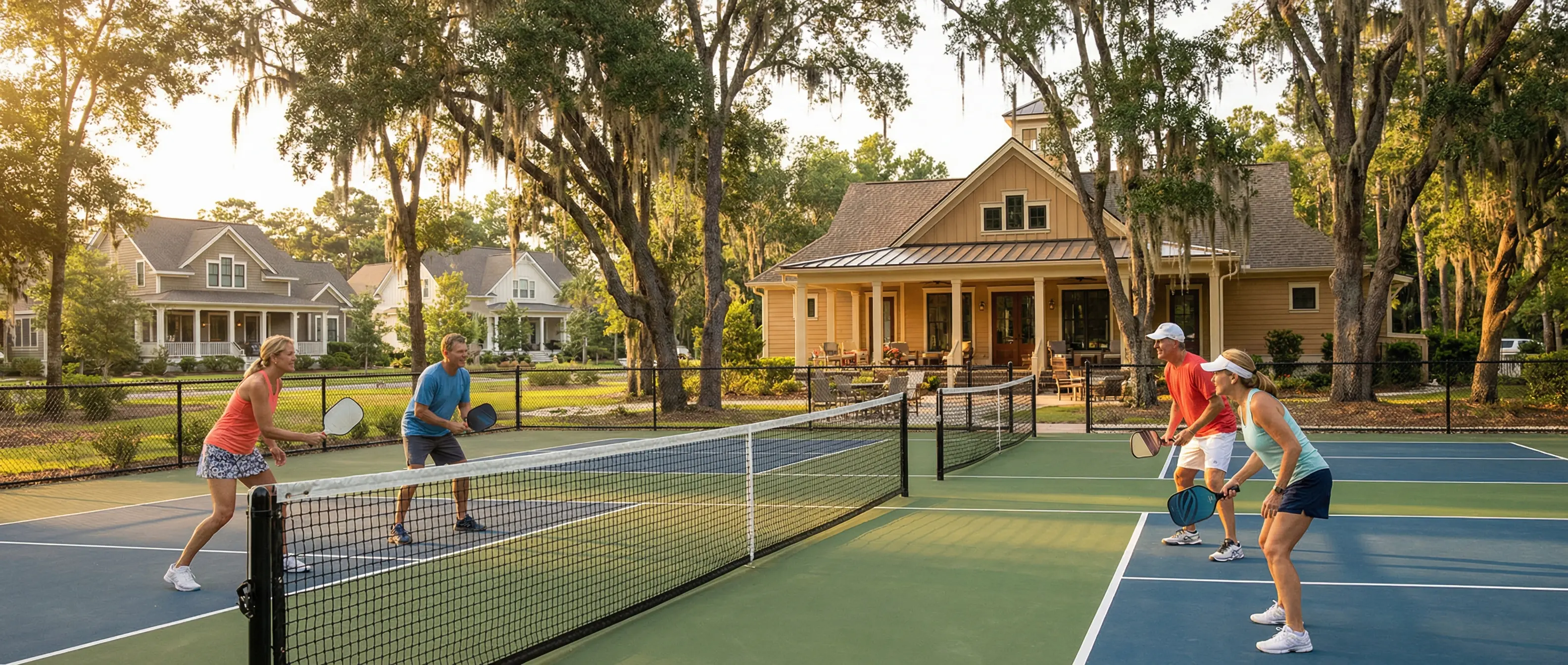 Pickleball doubles match at golden hour in a South Carolina community with live oak trees and a clubhouse